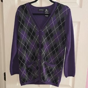 Liz Claiborne‎ Purple and Gray Argyle Cardigan